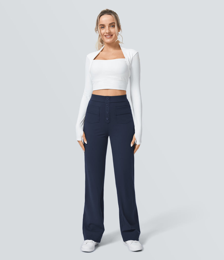 DayStretch High Waisted Pockets Straight Leg Casual Pants - Midnight Blue