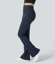 High Waisted Side Flap Pocket Flare Casual Cargo Pants - Midnight Blue