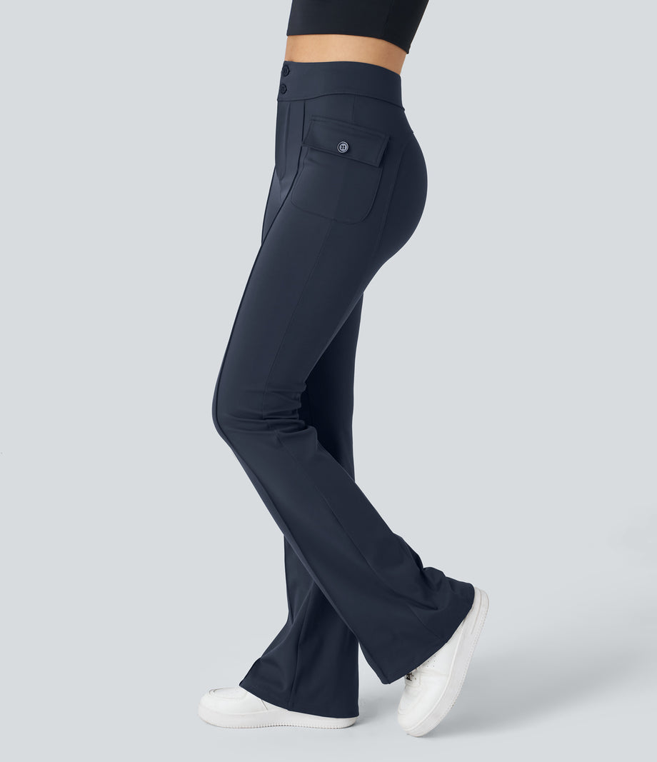 High Waisted Side Flap Pocket Flare Casual Cargo Pants - Midnight Blue