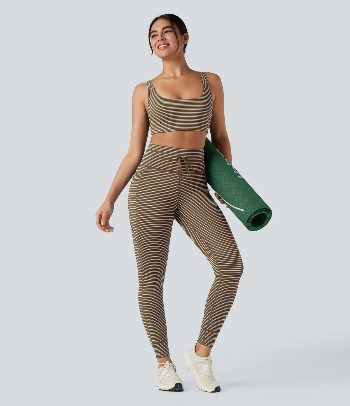 High Waisted Drawstring Striped Yoga Leggings with Pockets - Cedar Brown