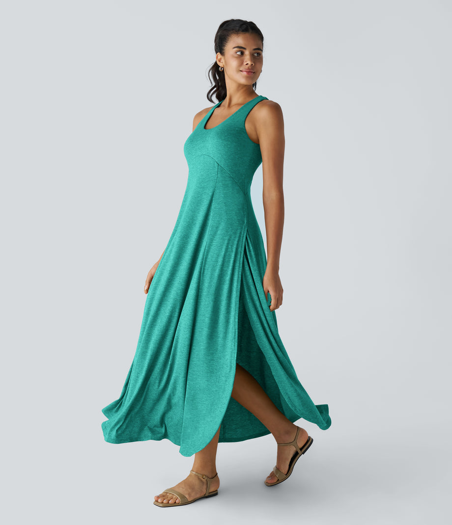 U Neck Flowy Maxi Casual Tank Dress - Reef Mint Green