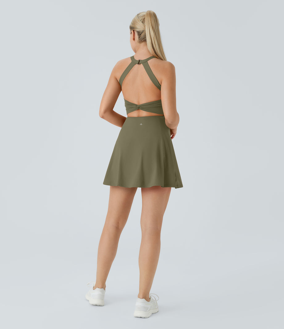 Backless Twisted Active Dress - Withered Green