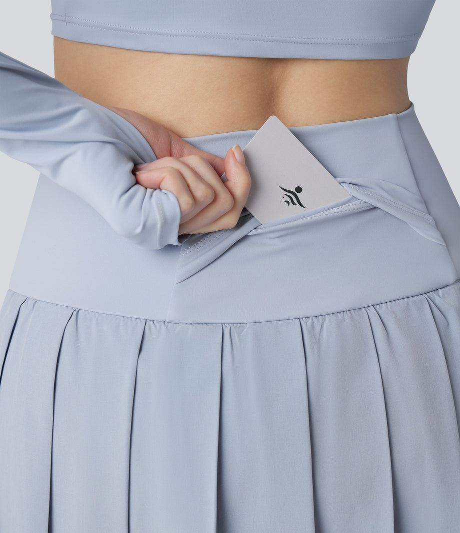 Breezeful™ High Waisted Pleated 2-in-1 Contrast Mesh Quick Dry Dance Stirrup Skirted Leggings with Pockets - Ballad Blue
