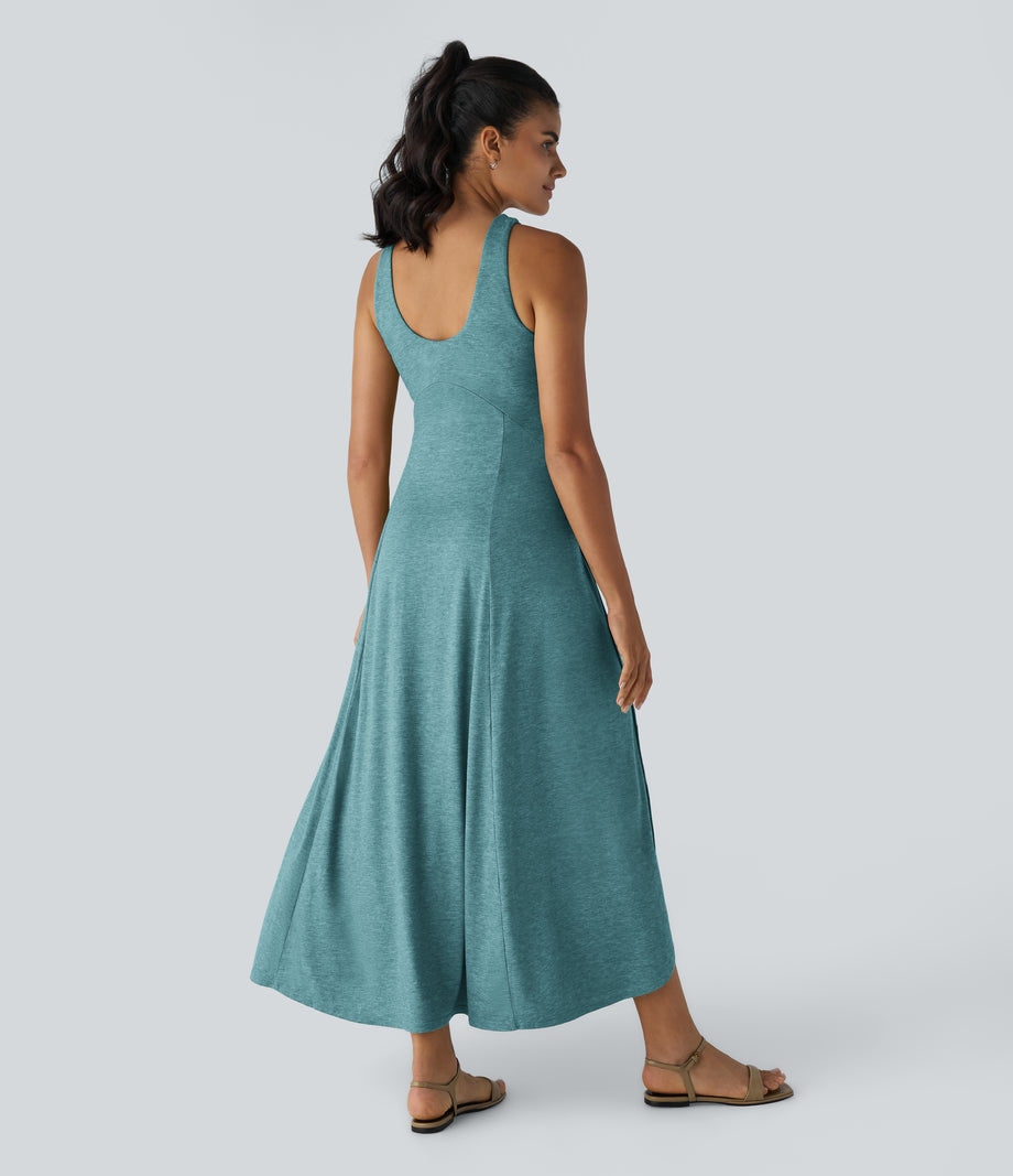 U Neck Flowy Maxi Casual Tank Dress - Stone Green Floral Yarn