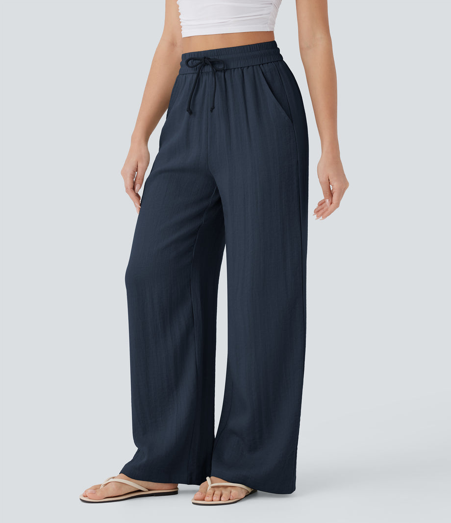 High Waisted Drawstring Pocket Wide Leg Baggy Casual Linen-Feel Pants - Dark Blue