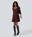Ribbed Knit V Neck Long Sleeve Flare Mini Casual Dress with Pockets - Wine Red Floral Yarn