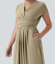 Breezeful™ V Neck Short Sleeve Pocket Tie Back Quick Dry Midi Casual Dress - Fields of Rye