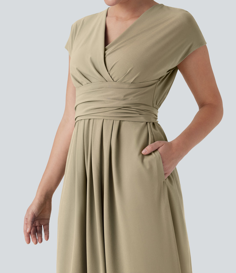 Breezeful™ V Neck Short Sleeve Pocket Tie Back Quick Dry Midi Casual Dress - Fields of Rye