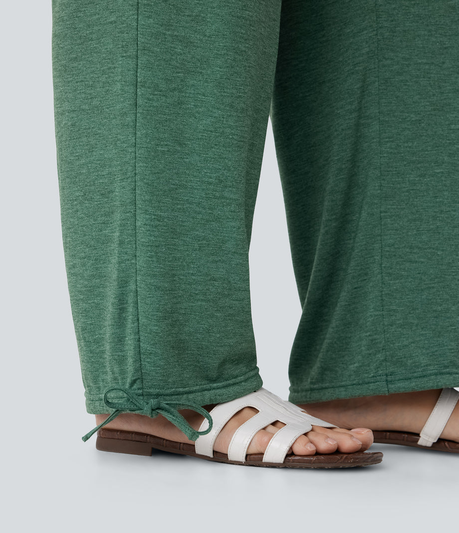 Crossover High Waisted Pocket Drawstring Casual Joggers - Emerald Floral Yarn