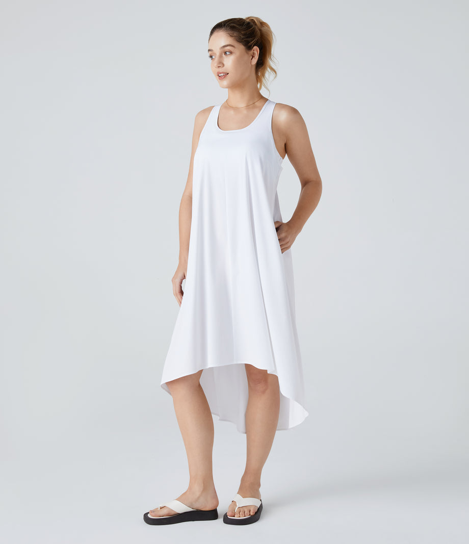 Breezeful™ Backless Racerback Side Pocket High Low Flowy Midi Quick Dry Casual Dress - White