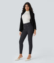 High Waisted Tummy Control Decorative Back Zipper Pockets Herringbone Work Leggings - Blue Graphite