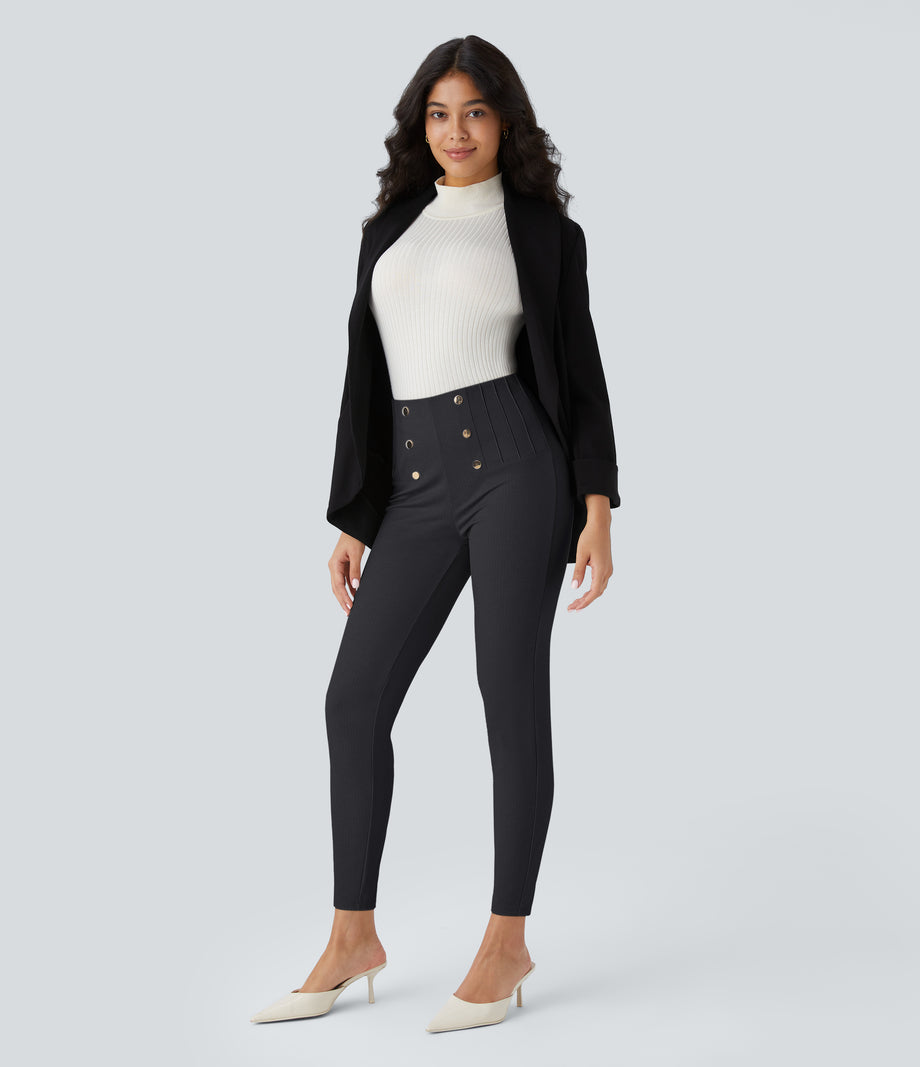 High Waisted Tummy Control Decorative Back Zipper Pockets Herringbone Work Leggings - Blue Graphite