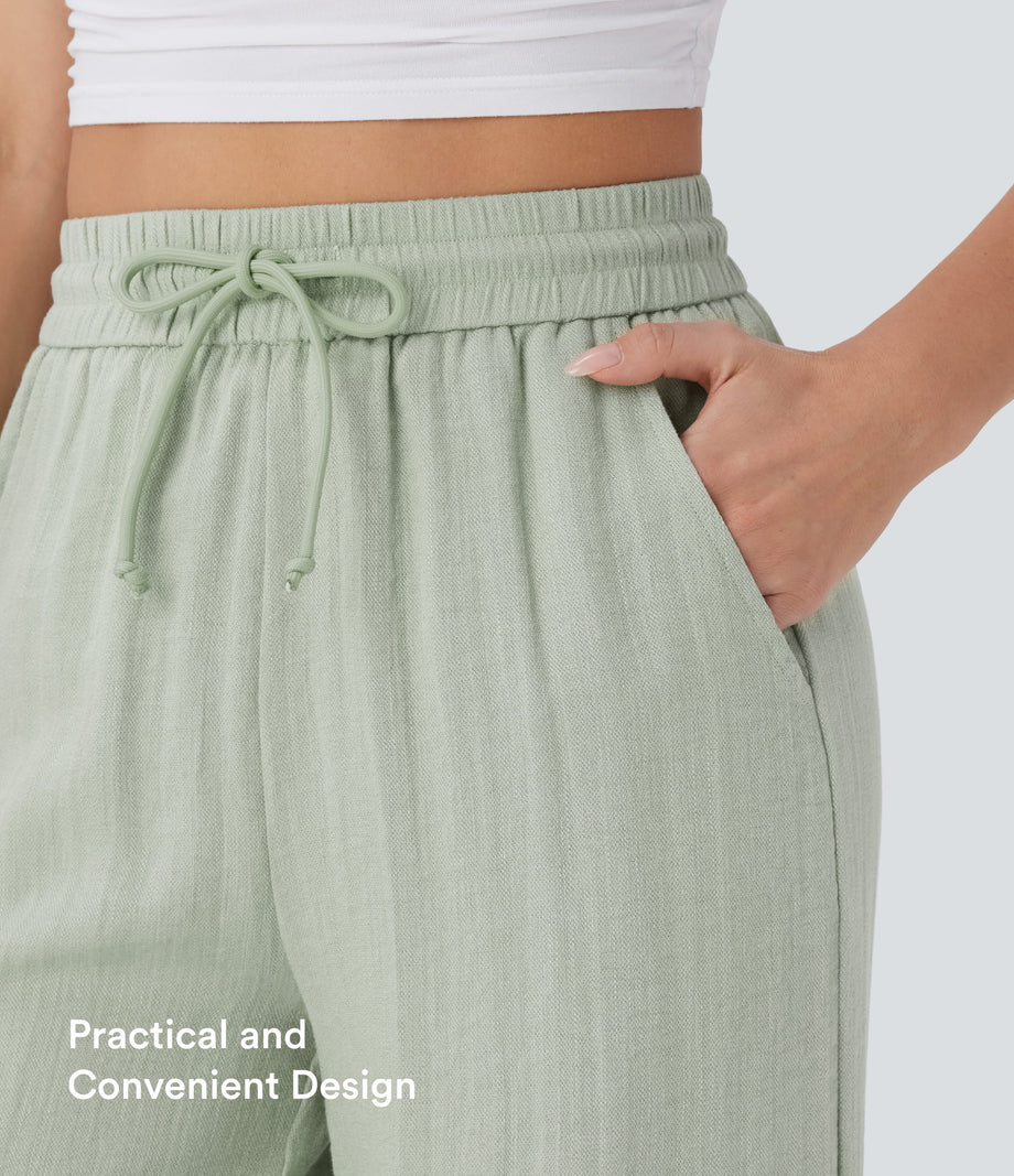 High Waisted Drawstring Pocket Wide Leg Baggy Casual Linen-Feel Pants - Pale Aqua