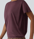 Round Neck Short Sleeve Ruched Cool Touch Yoga Sports Top-UPF50+ - Fig