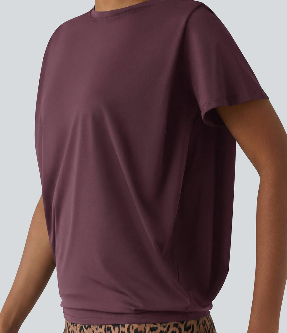 Round Neck Short Sleeve Ruched Cool Touch Yoga Sports Top-UPF50+ - Fig