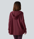 Hooded Cowl Neck Long Sleeve Thumb Hole Yoga Sports Top with Pockets - Chocolate Truffle