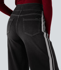 Halara Flex™ High Waisted Stripe Wide Leg Flowy Washed Casual Jeans with Pockets - Phantom Denim
