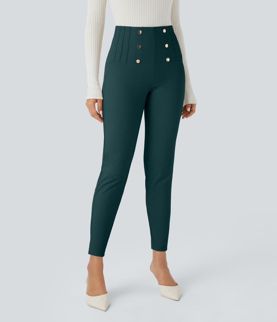 High Waisted Tummy Control Decorative Back Zipper Pockets Herringbone Work Leggings - Dark Sea