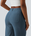 High Waisted Straight Leg Casual Linen-Feel Pants with Pockets - Morning Mist Blue 