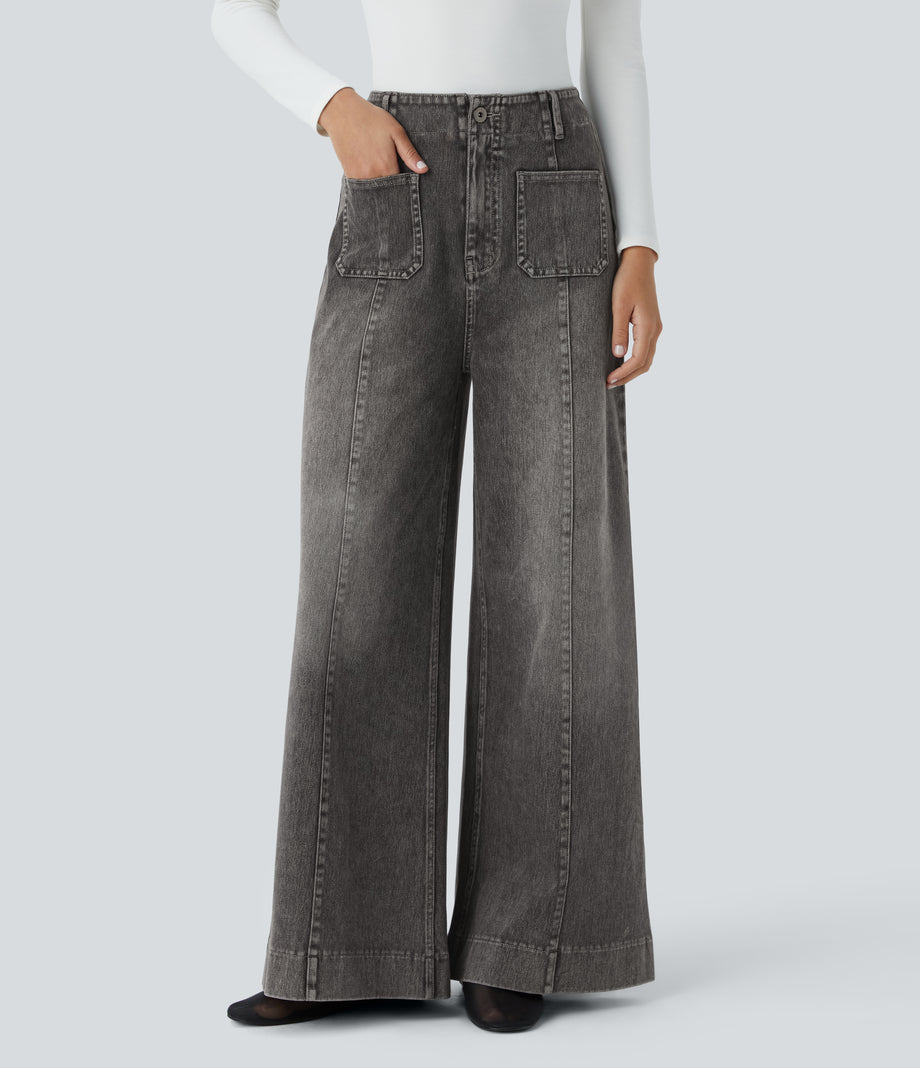 Halara Flex™ High Waisted Pockets Washed Casual Wide Leg Jeans - Grey Black Denim
