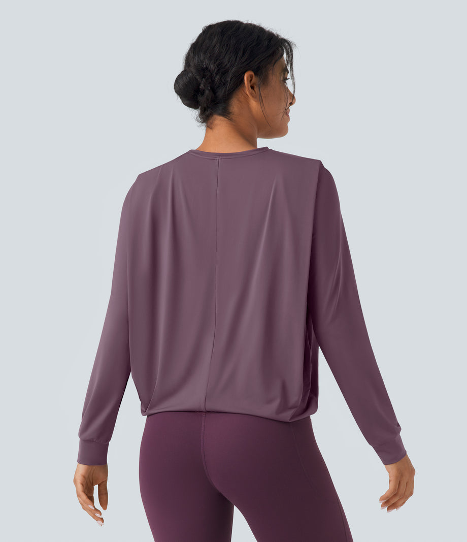 Round Neck Long Sleeve Ruched Yoga Sports Top-UPF50+ - Vintage Violet