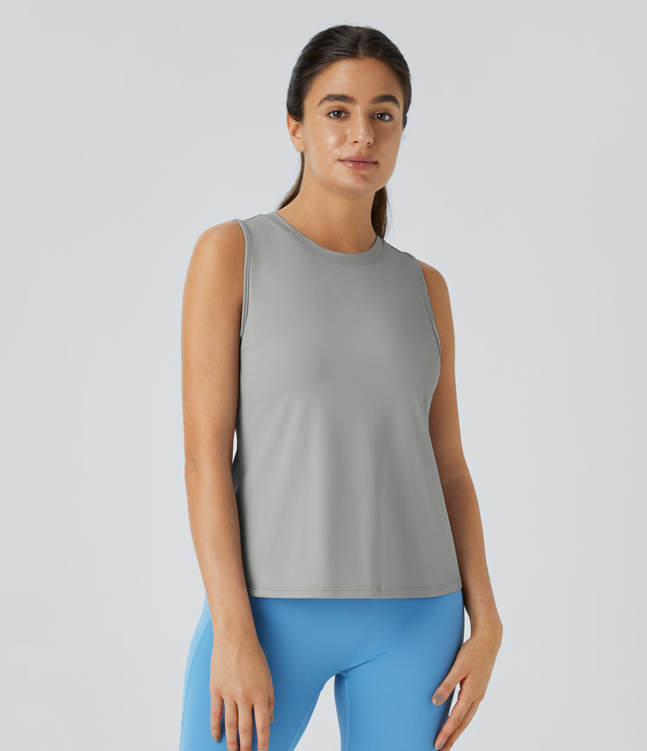 Cut Out Crossover Hem Solid Yoga Tank Top - Mist Grey