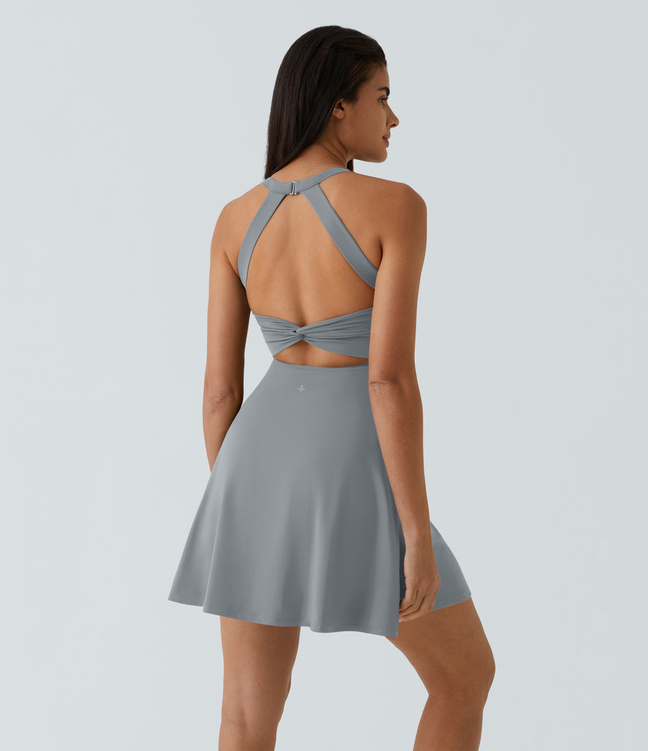 SoftlyZero™ Airy Backless Twisted Flare Low Support Dance Active Dress-Longer Length-Easy Peezy Edition A-D Cups - Quarry