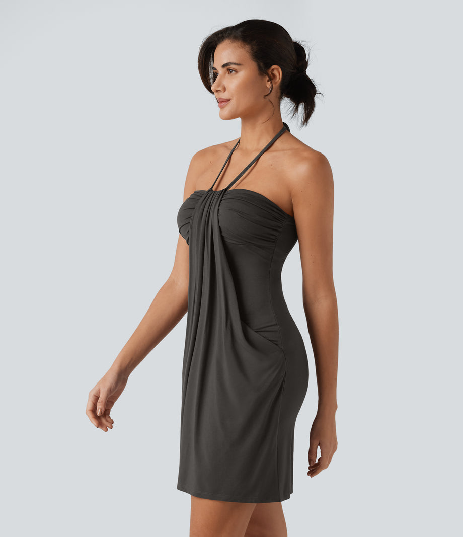 Halter Tie Back Mini Resort Dress with Pockets - Coffee Bean