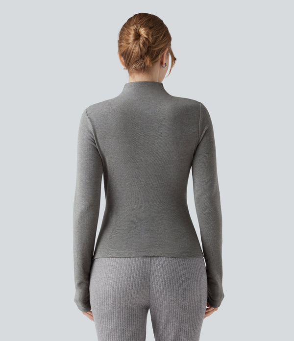 Mock-neck Long Sleeve Ruched Asymmetric Hem Thermal Casual Top - Mottled Cloud Grey