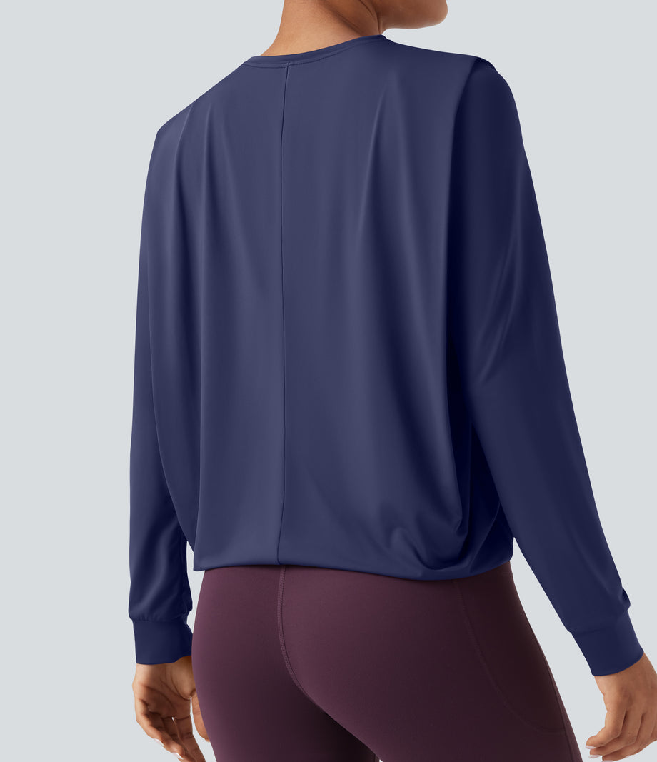 Round Neck Long Sleeve Ruched Yoga Sports Top-UPF50+ - Patriot Blue