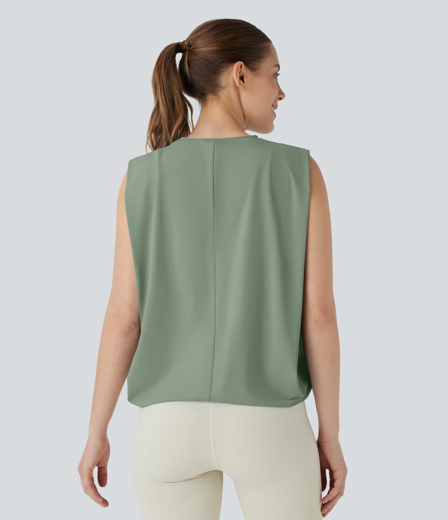 Round Neck Ruched Cool Touch Yoga Tank Top-UPF50+ - Hedge Green