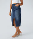 Halara Flex™ High Waisted Pockets Bodycon Washed Denim Casual Midi Skirt - Bright Blue Denim