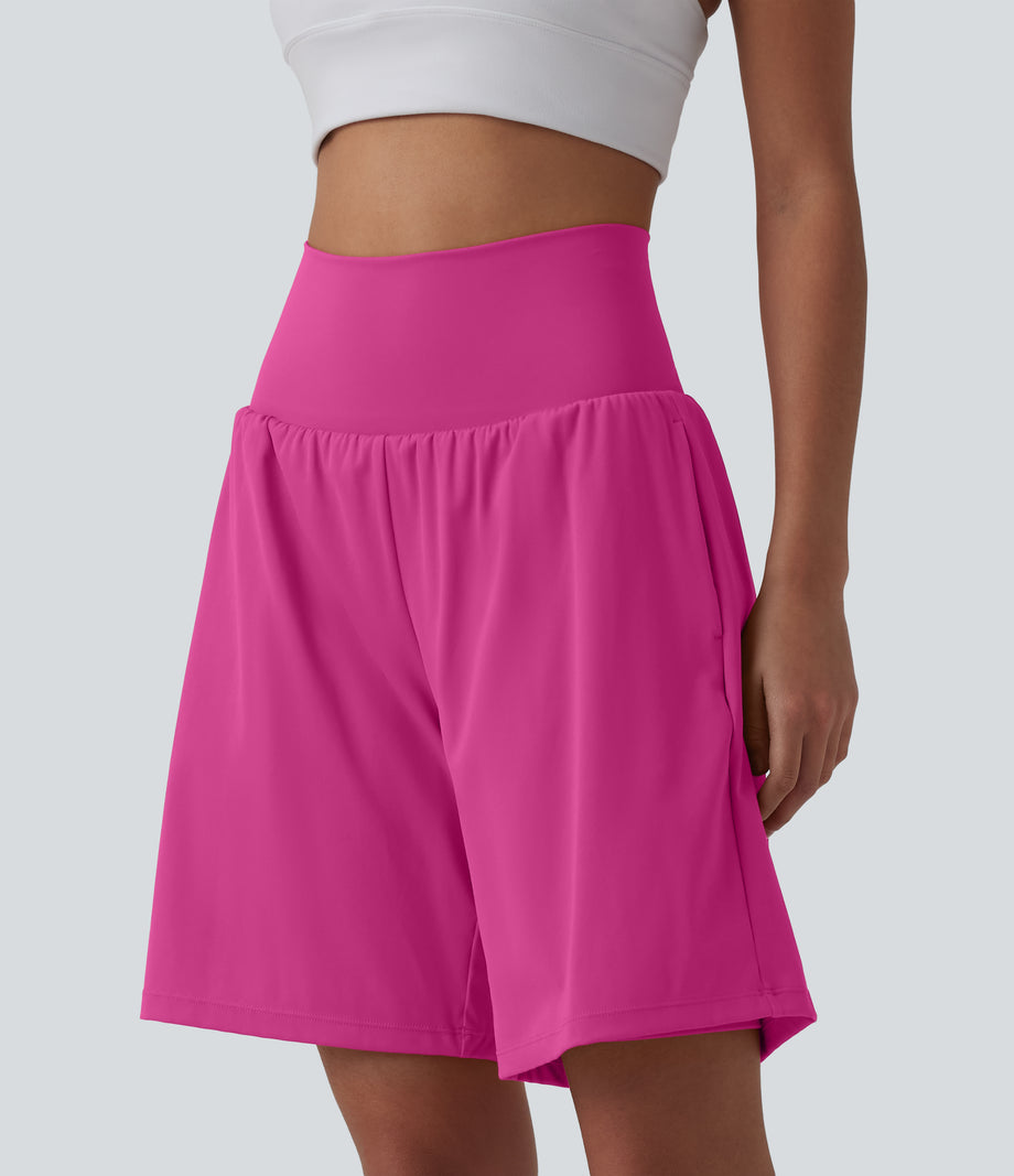 SoftlyZero™ Airy Super High Waisted 2-in-1 Cool Touch Yoga Shorts 9" with Pockets - Fuchsia Fedora