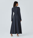 Mock-neck Long Sleeve Pocket Flare Maxi Casual Dress - Dark Sapphire