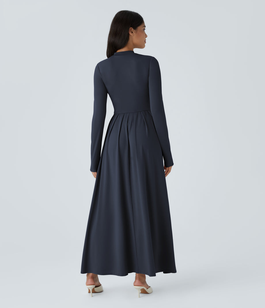 Mock-neck Long Sleeve Pocket Flare Maxi Casual Dress - Dark Sapphire