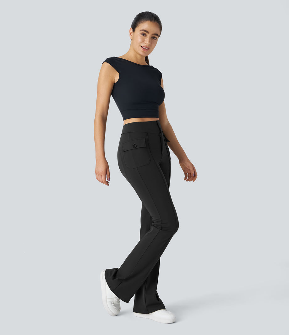 High Waisted Side Flap Pocket Flare Casual Cargo Pants - Black