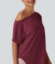 One Shoulder Short Sleeve Curved Hem High Low Quick Dry Yoga Sports Top - Tibetan Red