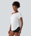 One Shoulder Short Sleeve Curved Hem High Low Quick Dry Yoga Sports Top - White