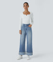 Halara Flex™ High Waisted Pockets Rolled Hem Wide Leg Washed Casual Jeans - Sea Blue Denim