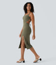 Ruched Lace Up Bodycon Midi Casual Dress - Withered Green