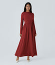 Mock-neck Long Sleeve Pocket Flare Maxi Casual Dress - Emboldened