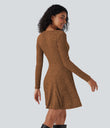 Ribbed Knit V Neck Long Sleeve Flare Mini Casual Dress with Pockets - Orange Floral Velvet