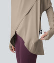 Hooded Cowl Neck Long Sleeve Thumb Hole Yoga Sports Top with Pockets - Humus