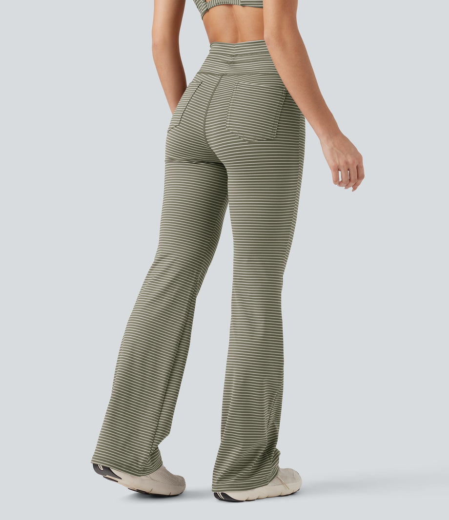 High Waisted Drawstring Stripe Flare Yoga Pants with Pockets - Camo Olive Green