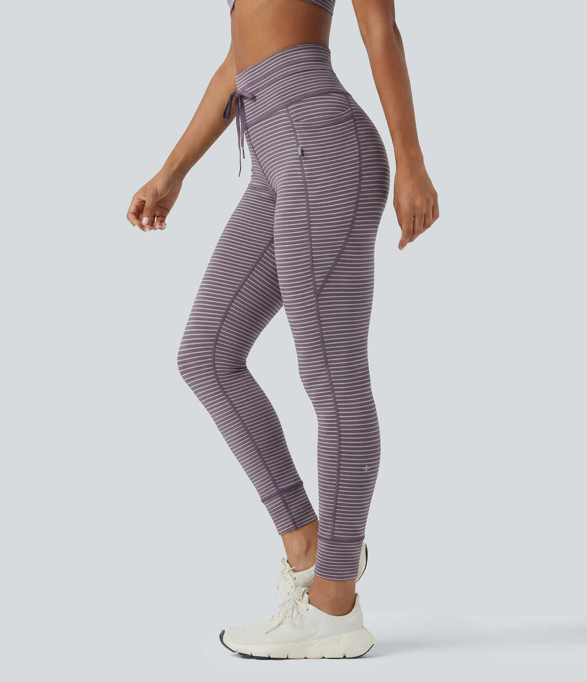 High Waisted Drawstring Striped Yoga Leggings with Pockets - Charcoal Stripe