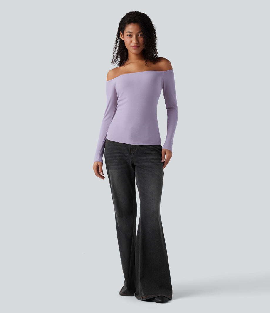 Ribbed Knit Off Shoulder Long Sleeve 2-in-1 Casual Top - Mashed Taro purple