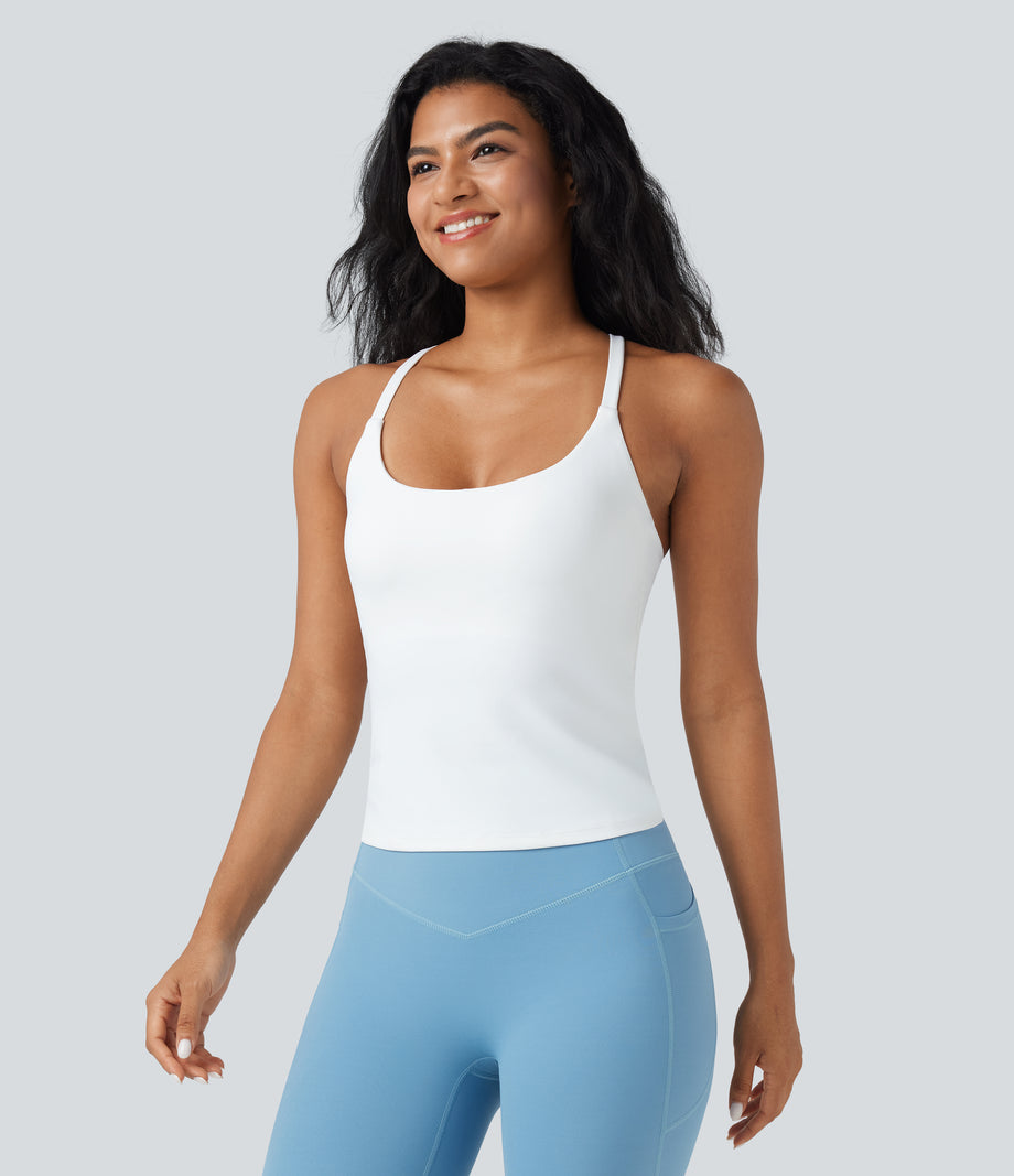 Scoop Neck Crisscross Back Crossover Hem Yoga Cami Top - White