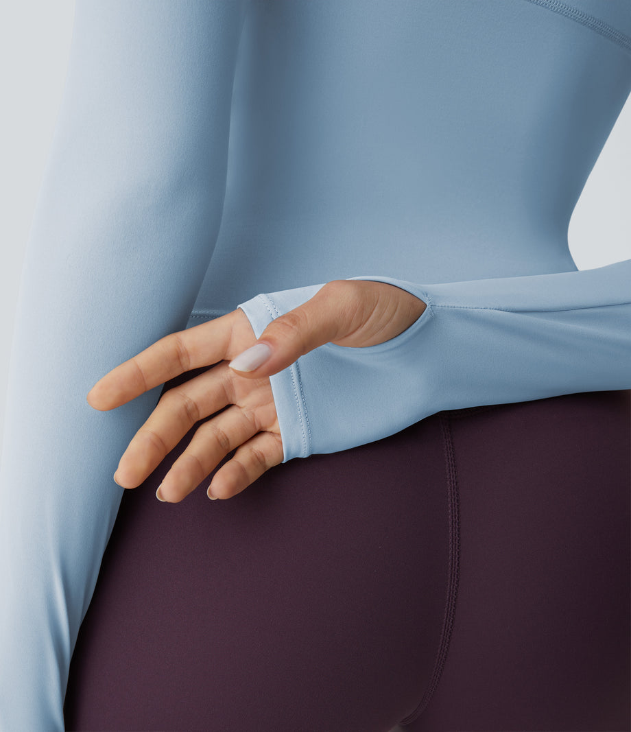 Solid Thumb Hole Yoga Sports Top - Cool Ice Blue