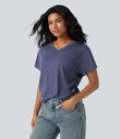 V-neck Short Sleeve Ruched Relaxed Casual Top - Gray Blue