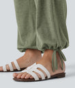 Crossover High Waisted Pocket Drawstring Casual Joggers - Light Green Floral Yarn